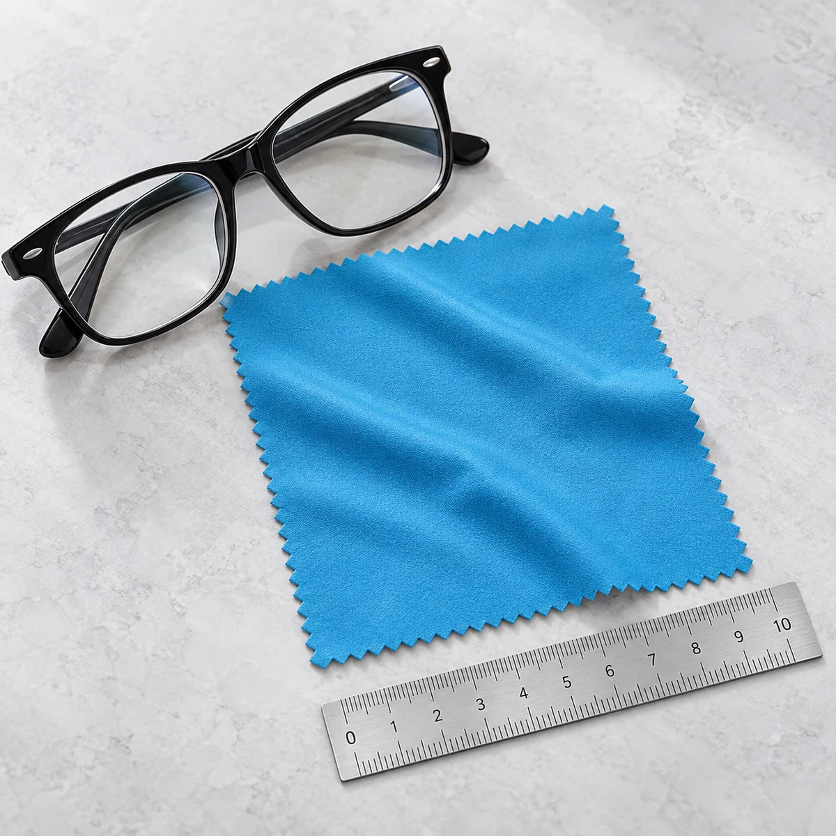 Blue 10 x 10 cm microfiber lens cleaning cloth beside black eyeglasses and a metric ruler