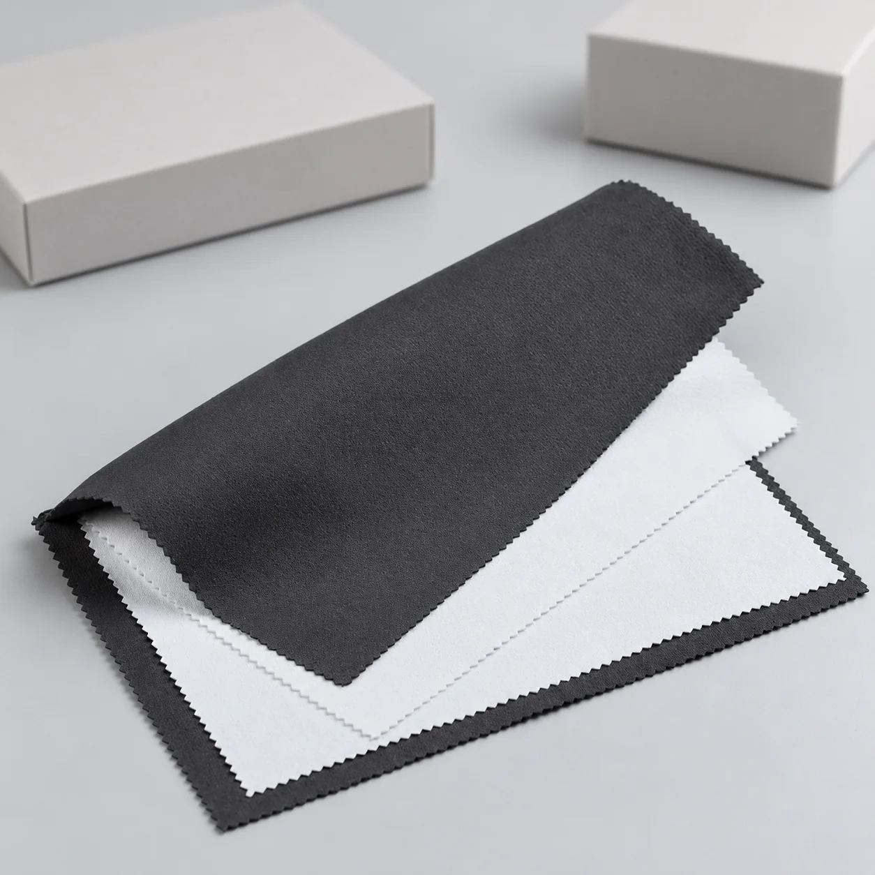 Black and white 16 x 25 cm four-layer polishing cloth beside unbranded OEM sample boxes