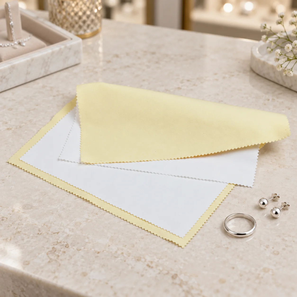 Cream and white four-layer booklet jewelry polishing cloth displayed with sterling silver jewelry