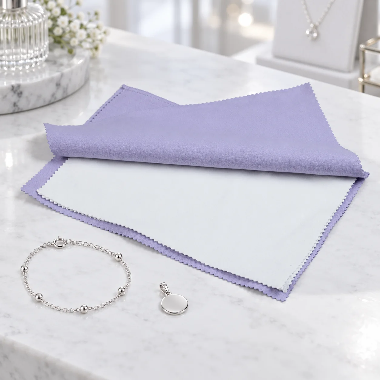 Lavender and white double-sided velvet silver polishing cloth displayed with a silver bracelet and pendant