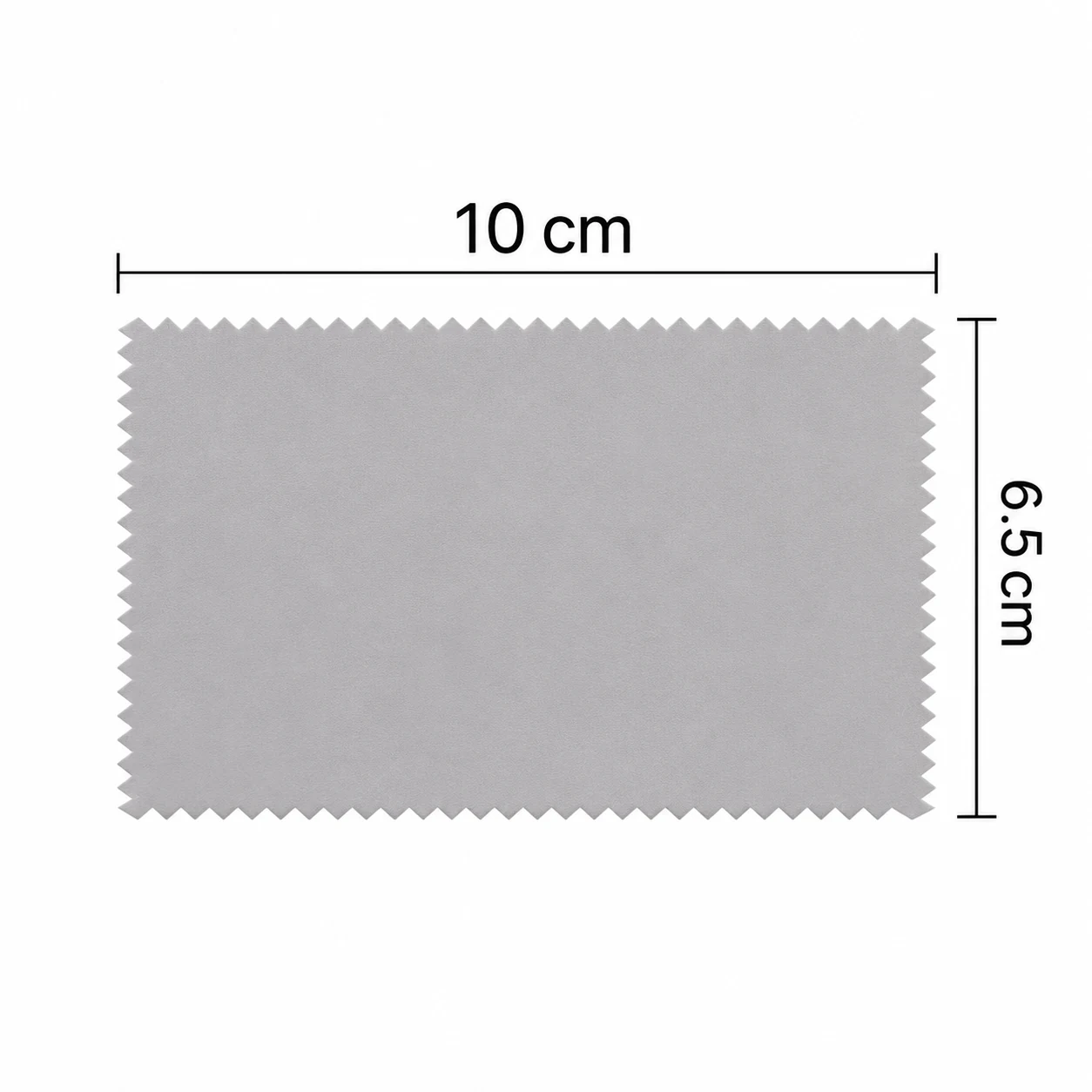 Size diagram for a rectangular silver polishing cloth measuring 10 cm by 6.5 cm with zigzag edges