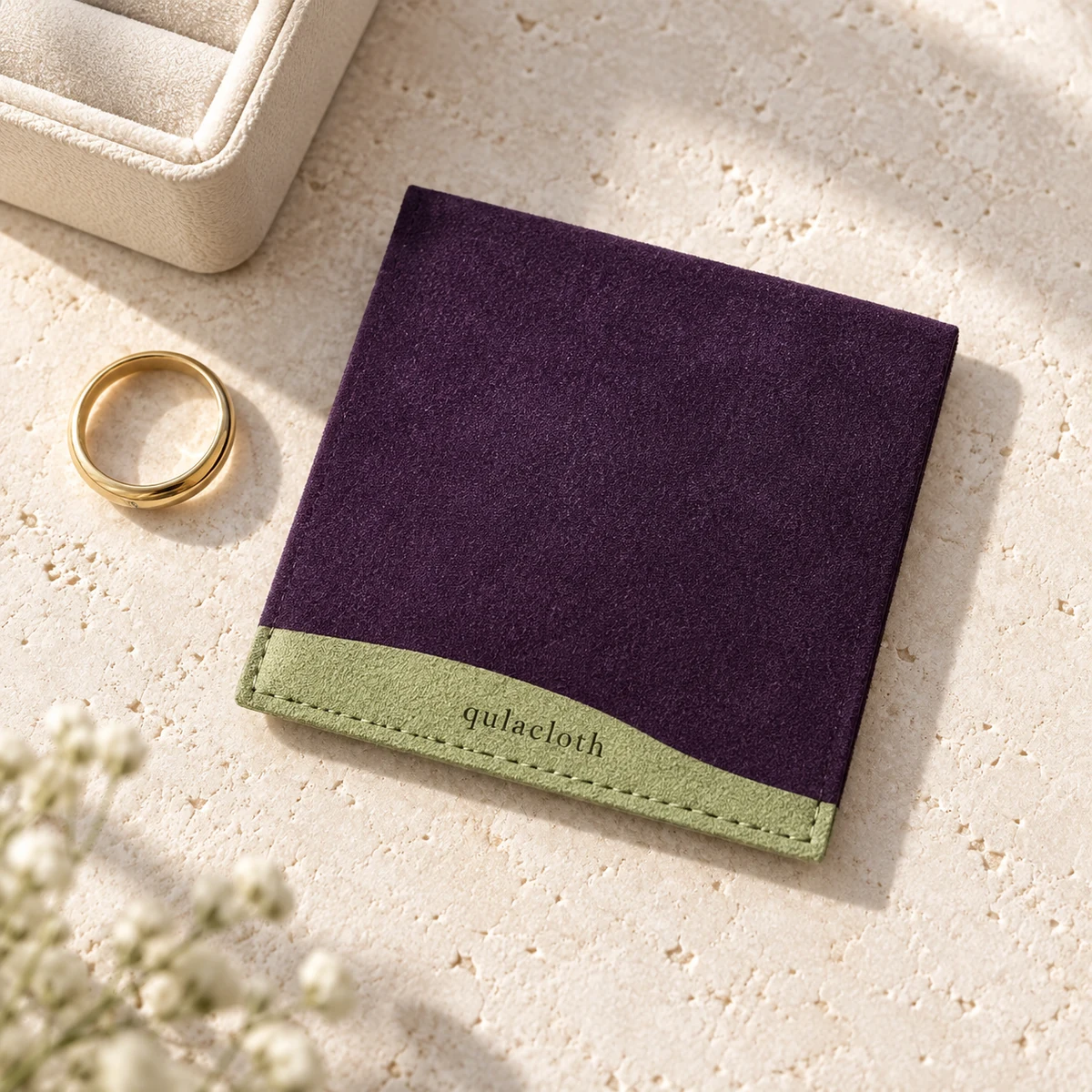 8 x 8 cm purple and sage two-tone microfiber envelope jewelry pouch with stitched edge and Qulacloth logo