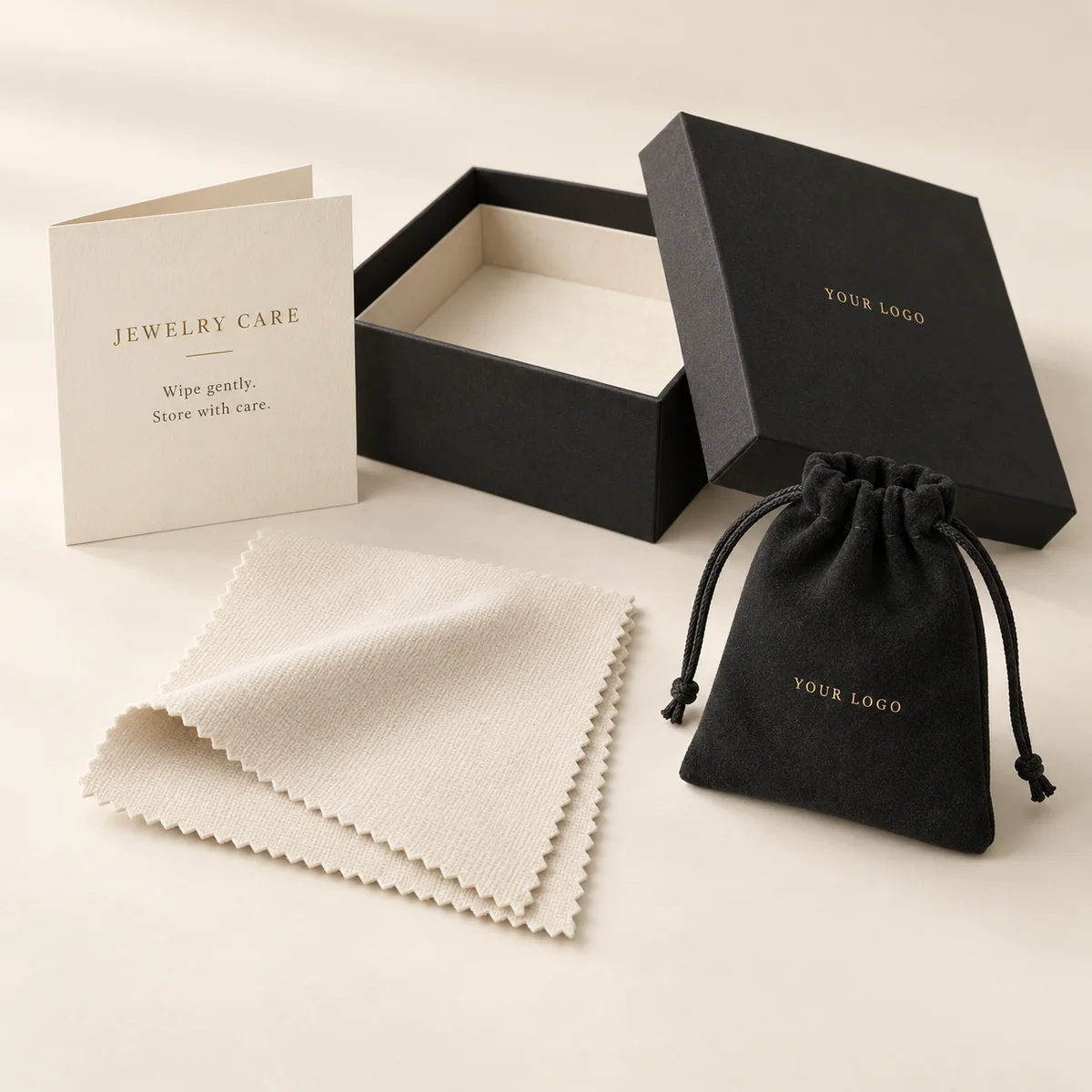 Black wholesale jewelry polishing cloth gift set with branded box, pouch and folded care card