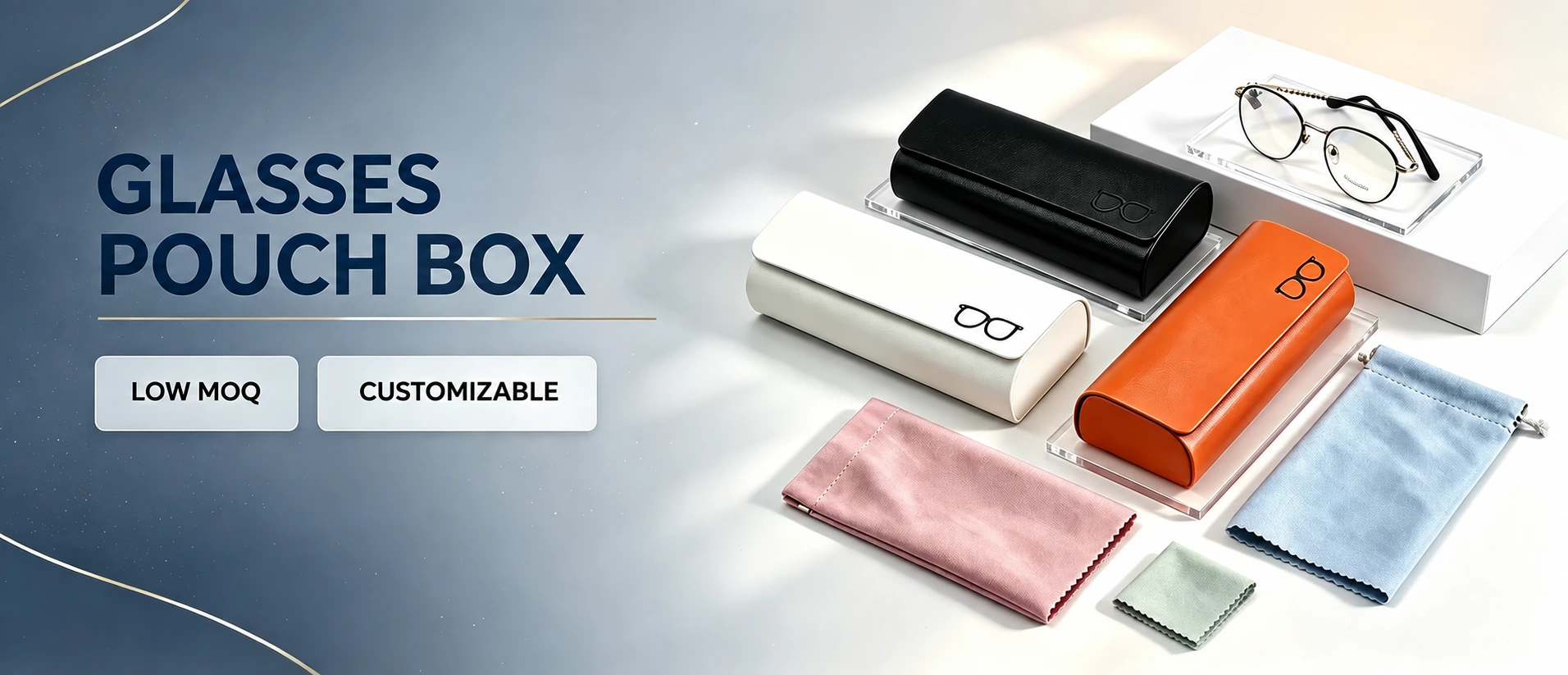 Black, white and orange eyeglass cases with pastel drawstring pouches