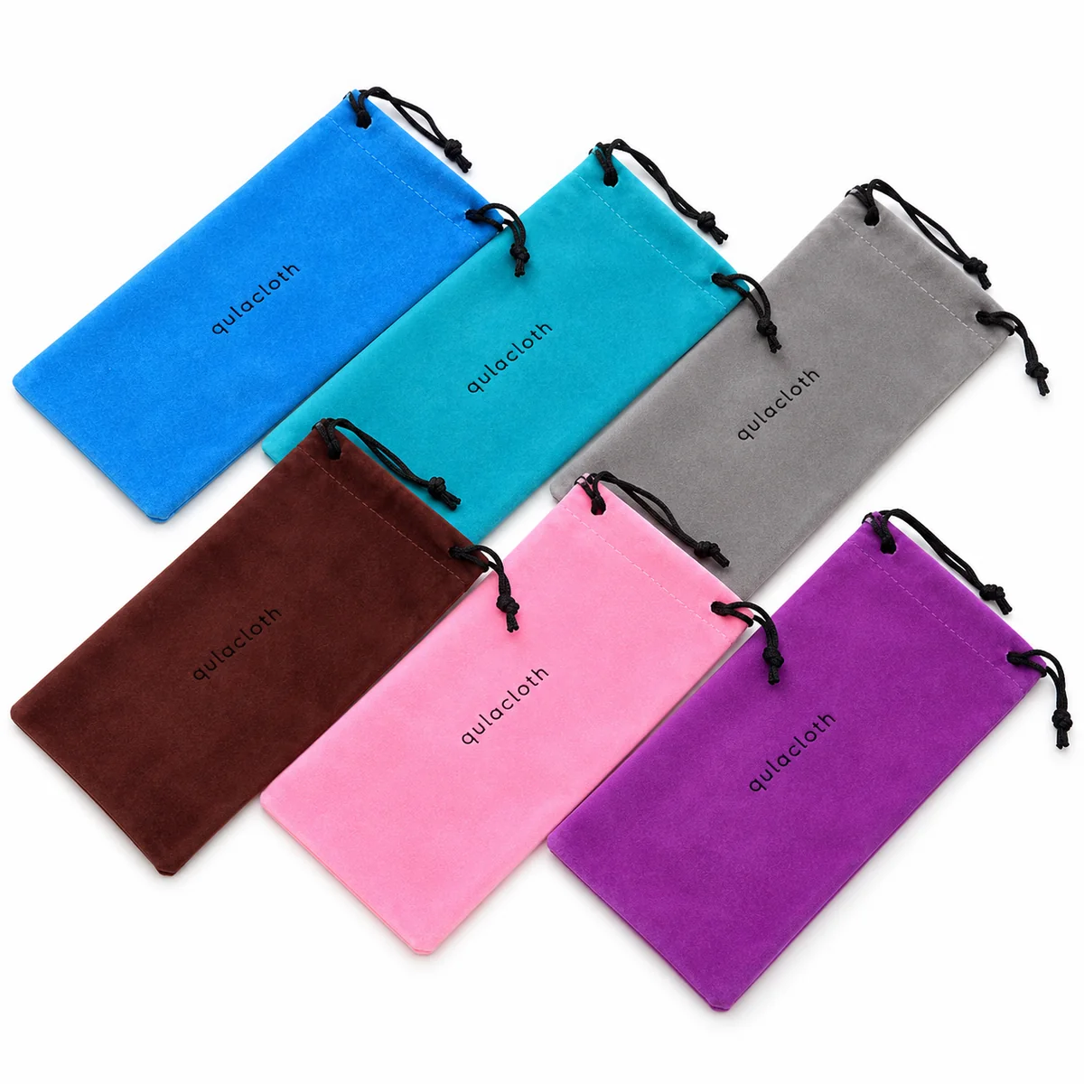 Custom 18 x 9 cm flocked velvet eyeglass pouches in assorted colors with Qulacloth logos