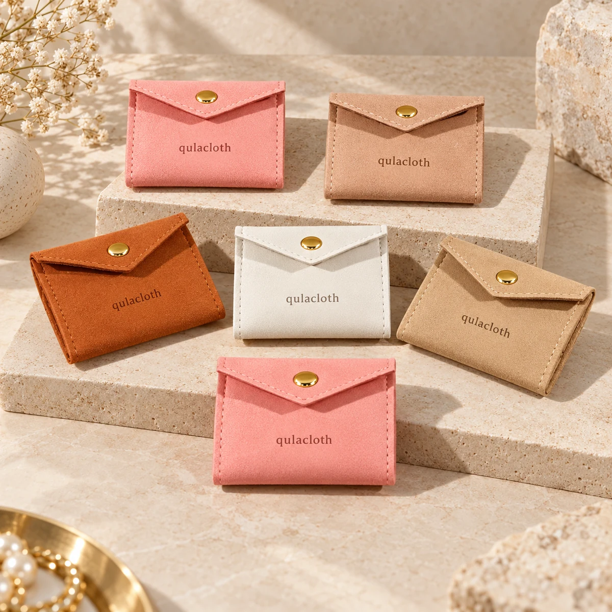 Custom foldable microfiber jewelry pouches in blush, ivory, camel, taupe and terracotta with Qulacloth logos