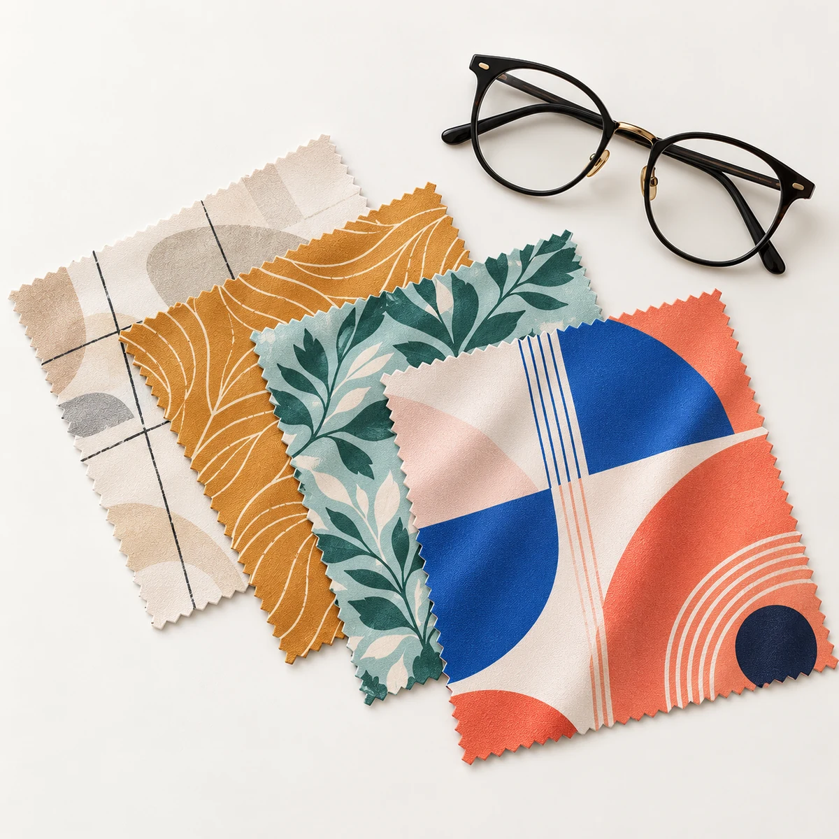 Four original full-print 10 x 10 cm microfiber lens cloth designs arranged beside black eyeglasses