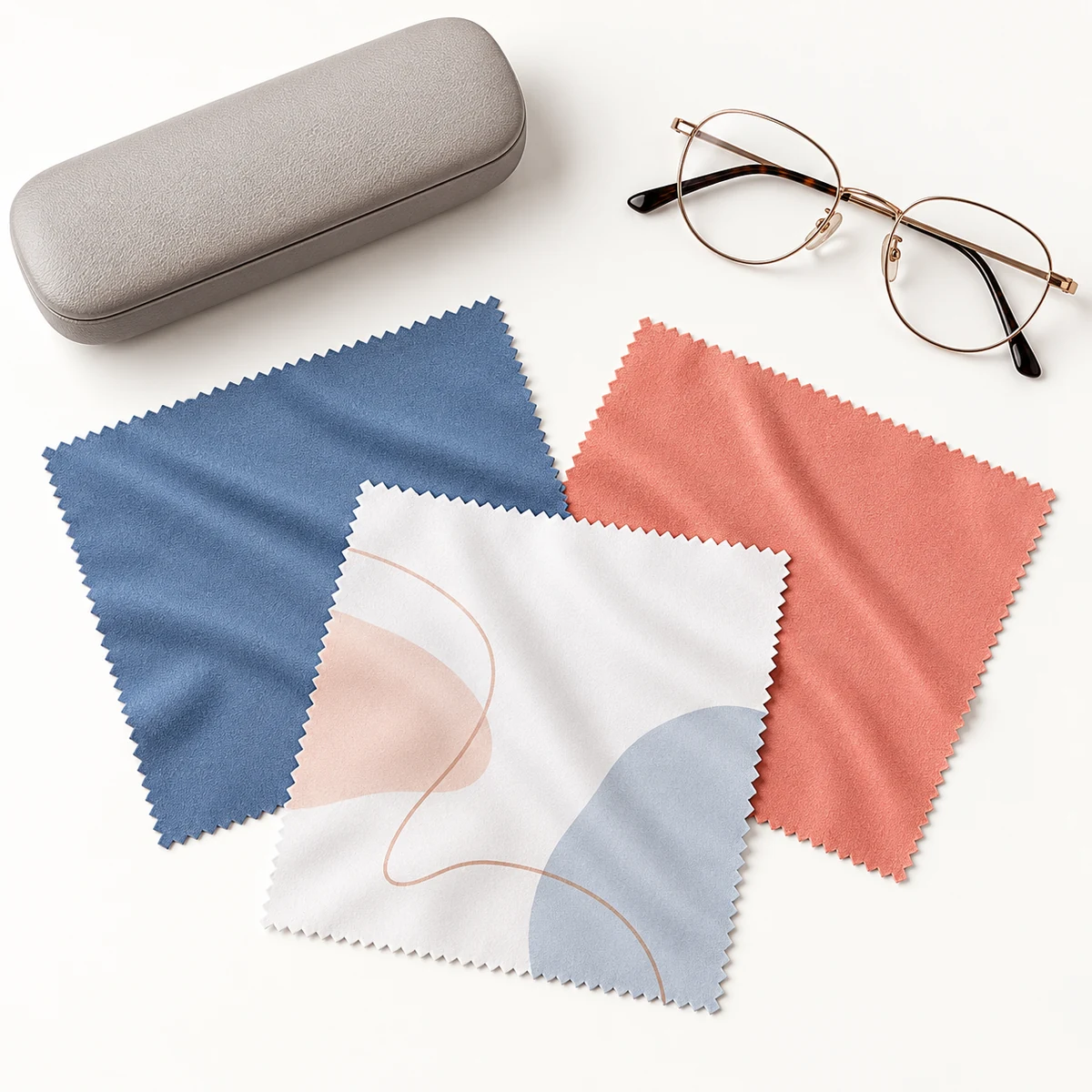 Custom printed 10 x 10 cm microfiber eyeglass cloth with blue coral and white color options