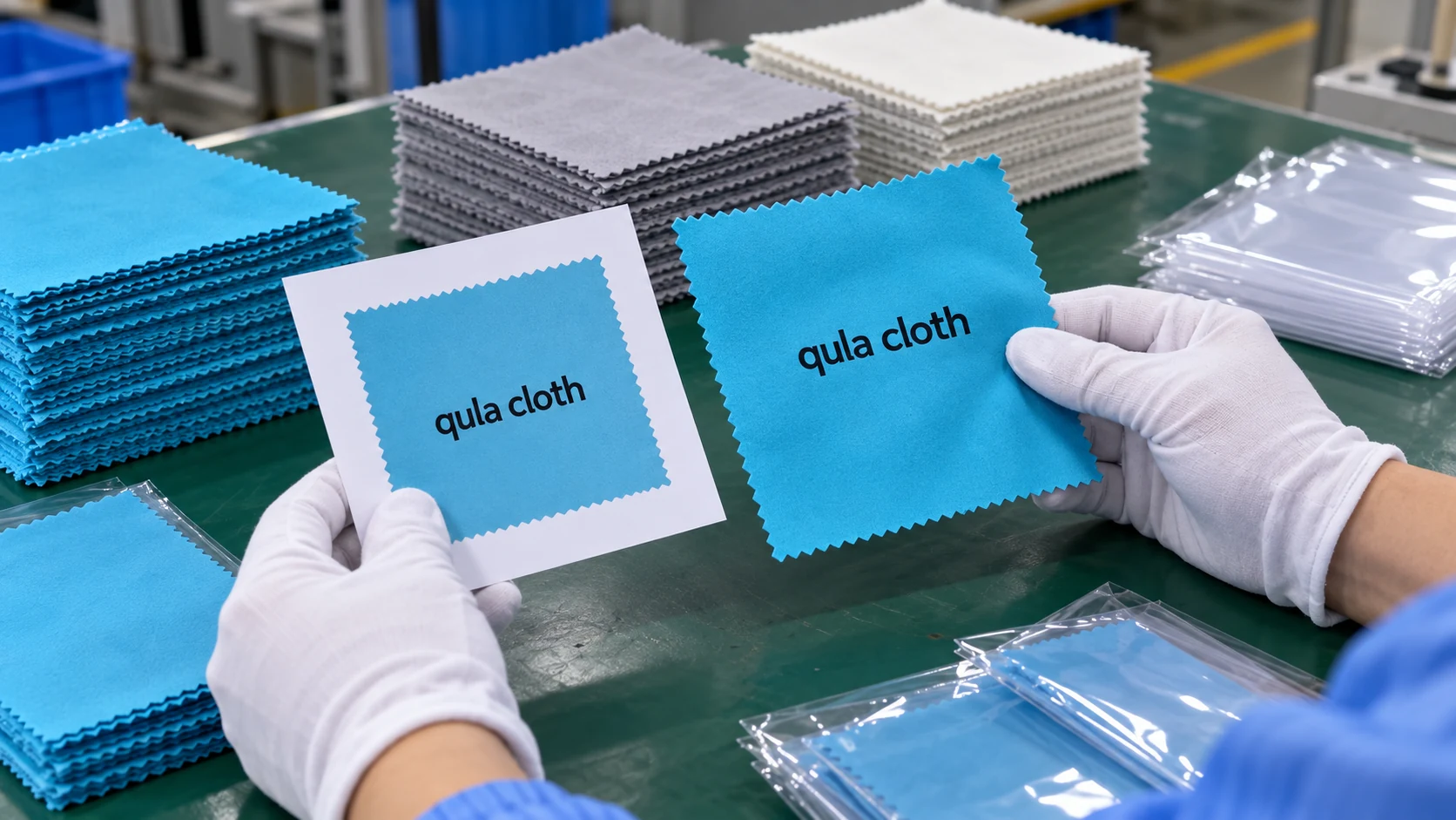 Illustration of a gloved inspector comparing a blue custom logo polishing cloth with its approved artwork proof