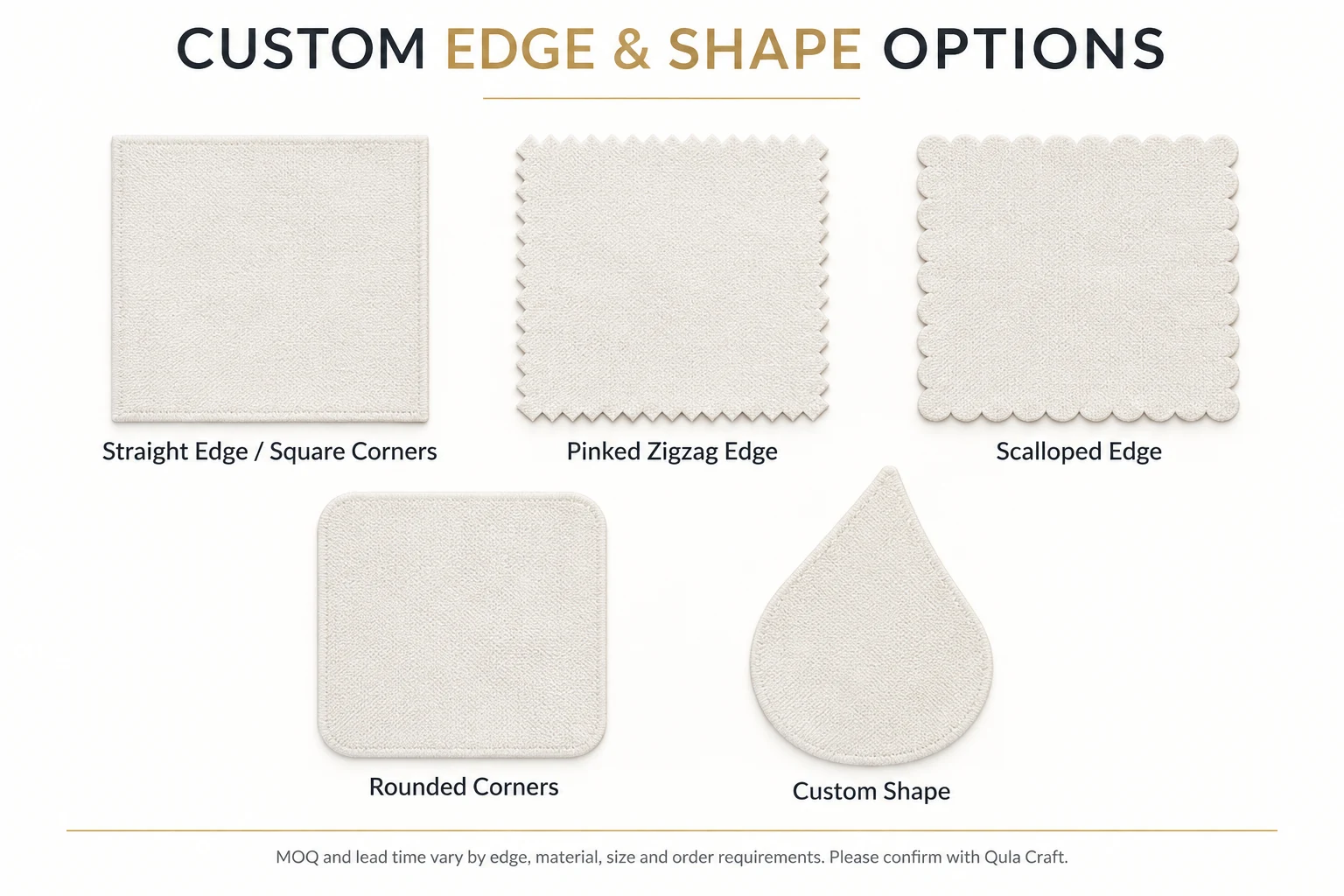 Five custom microfiber cloth edge and shape options: straight square corners, pinked zigzag edge, scalloped edge, rounded corners and a custom shape