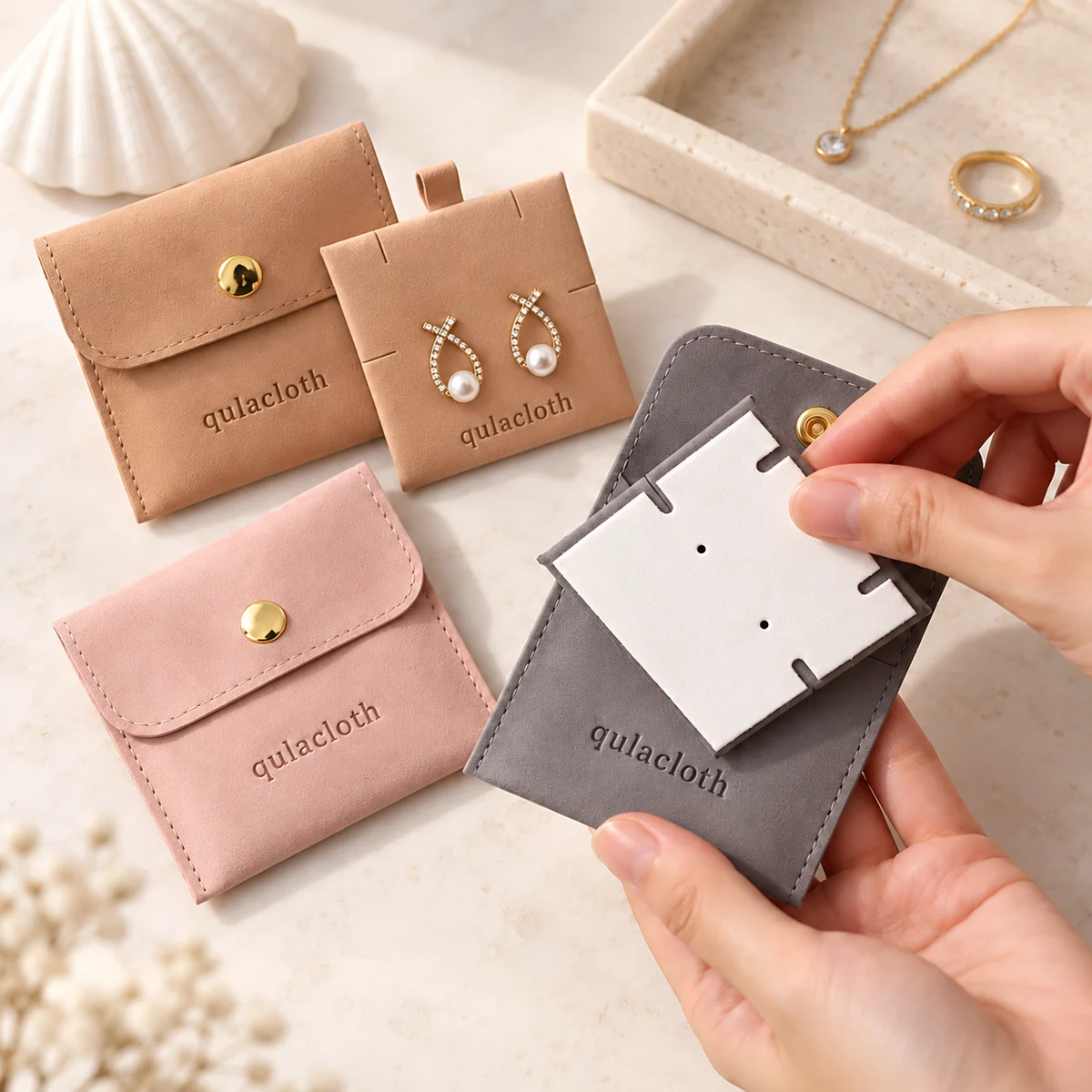 Custom microfiber snap-button jewelry pouches with removable insert card and Qulacloth logo