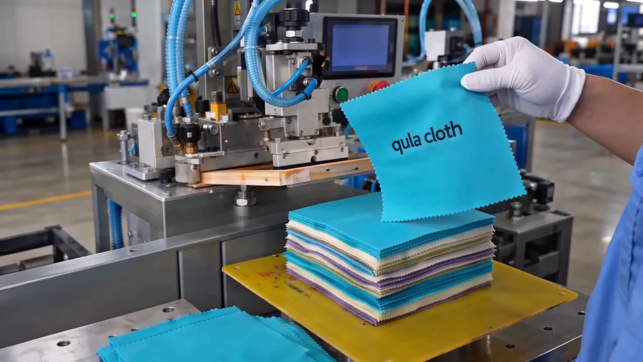 Gloved operator holding a blue custom logo microfiber polishing cloth beside printing equipment