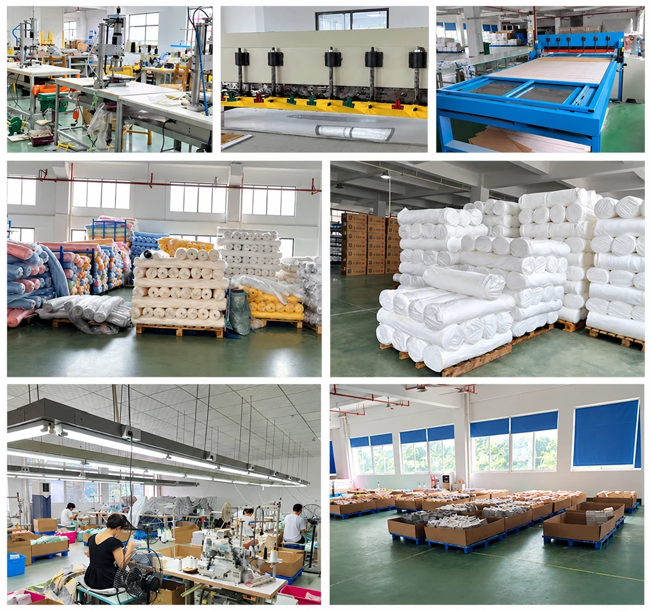 Factory workshop for custom polishing and microfiber lens cleaning cloths with processing equipment, cutting, material rolls, sewing workstations and packing areas