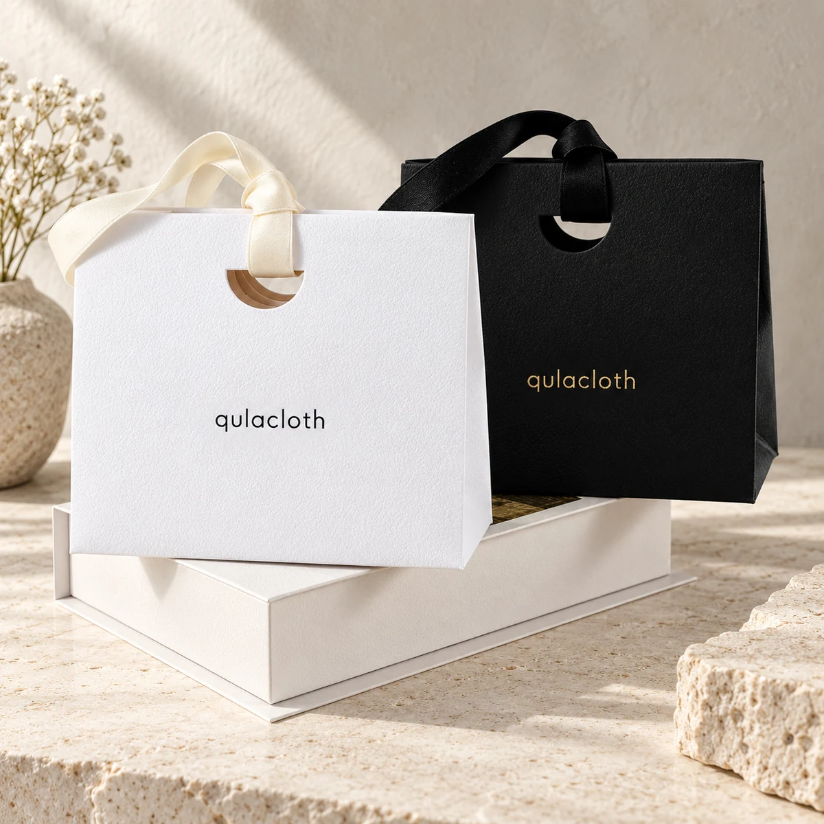 Custom black and white textured paper jewelry shopping bags with satin ribbon handles and Qulacloth logos