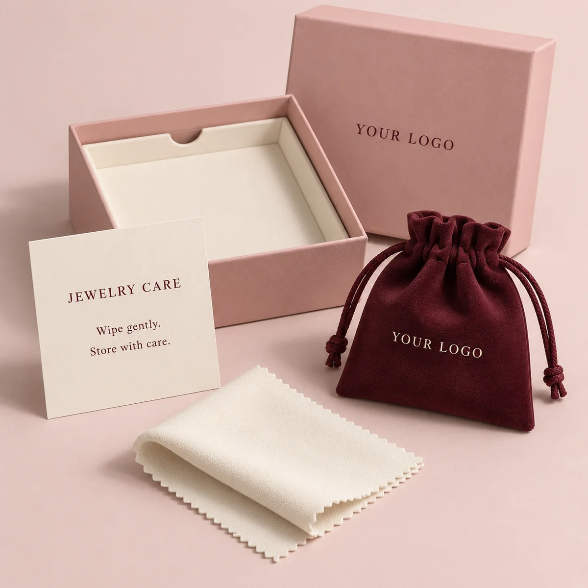 Pink custom silver polishing cloth gift set with rigid box, burgundy drawstring pouch and jewelry care card