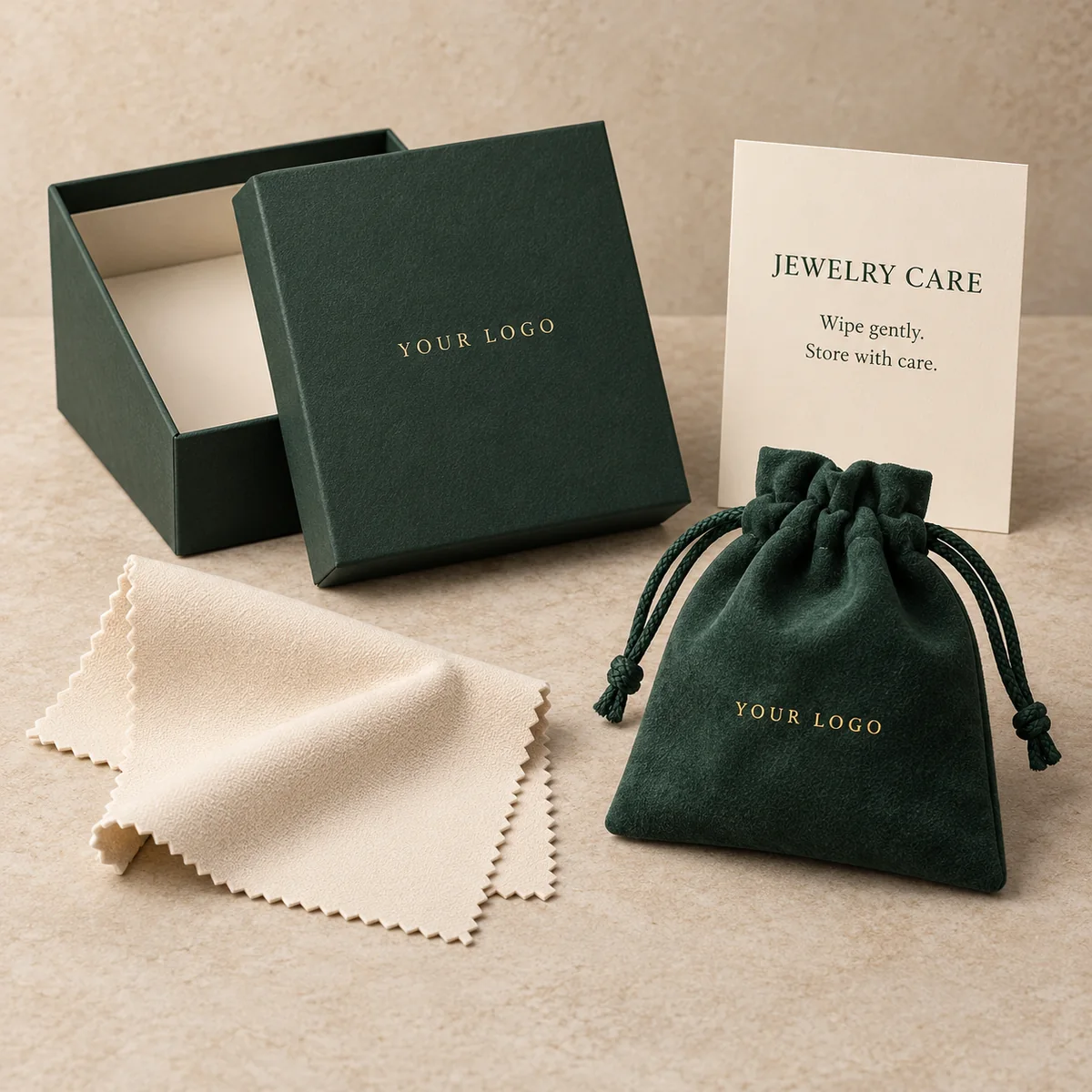 Green OEM silver polishing cloth care kit with custom rigid box, drawstring pouch and printed instruction card