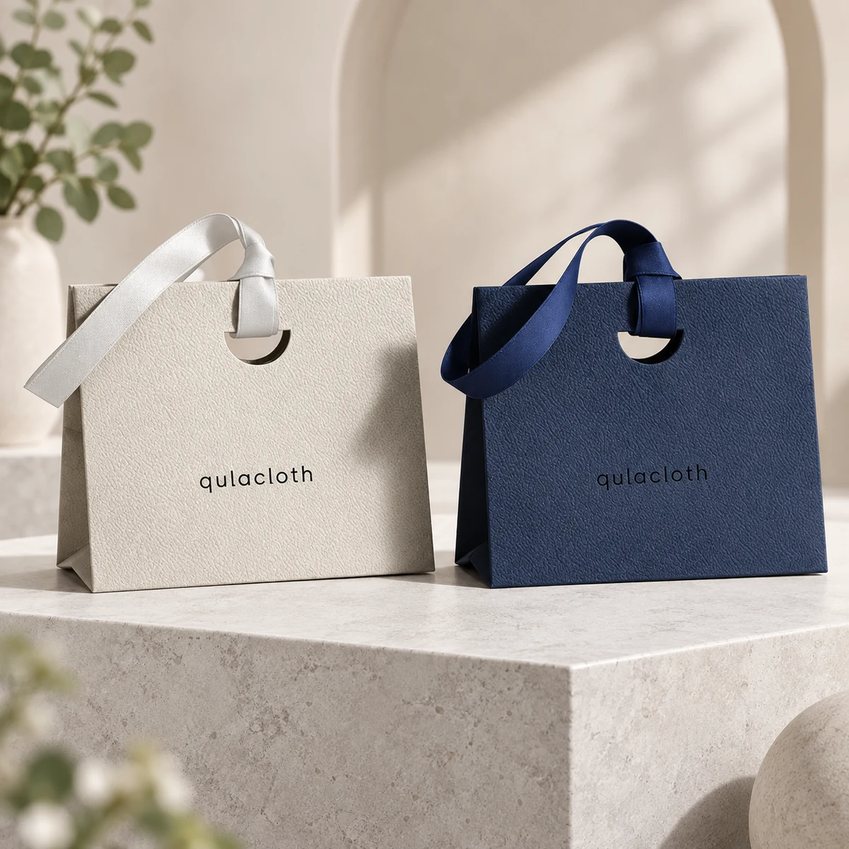 Ivory and midnight blue textured paper jewelry shopping bags with matching ribbon handles