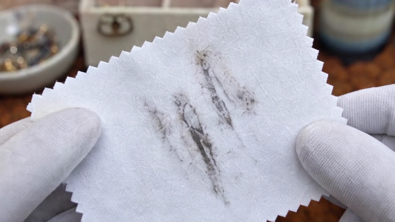White jewelry polishing cloth showing dark residue during a practical polishing check