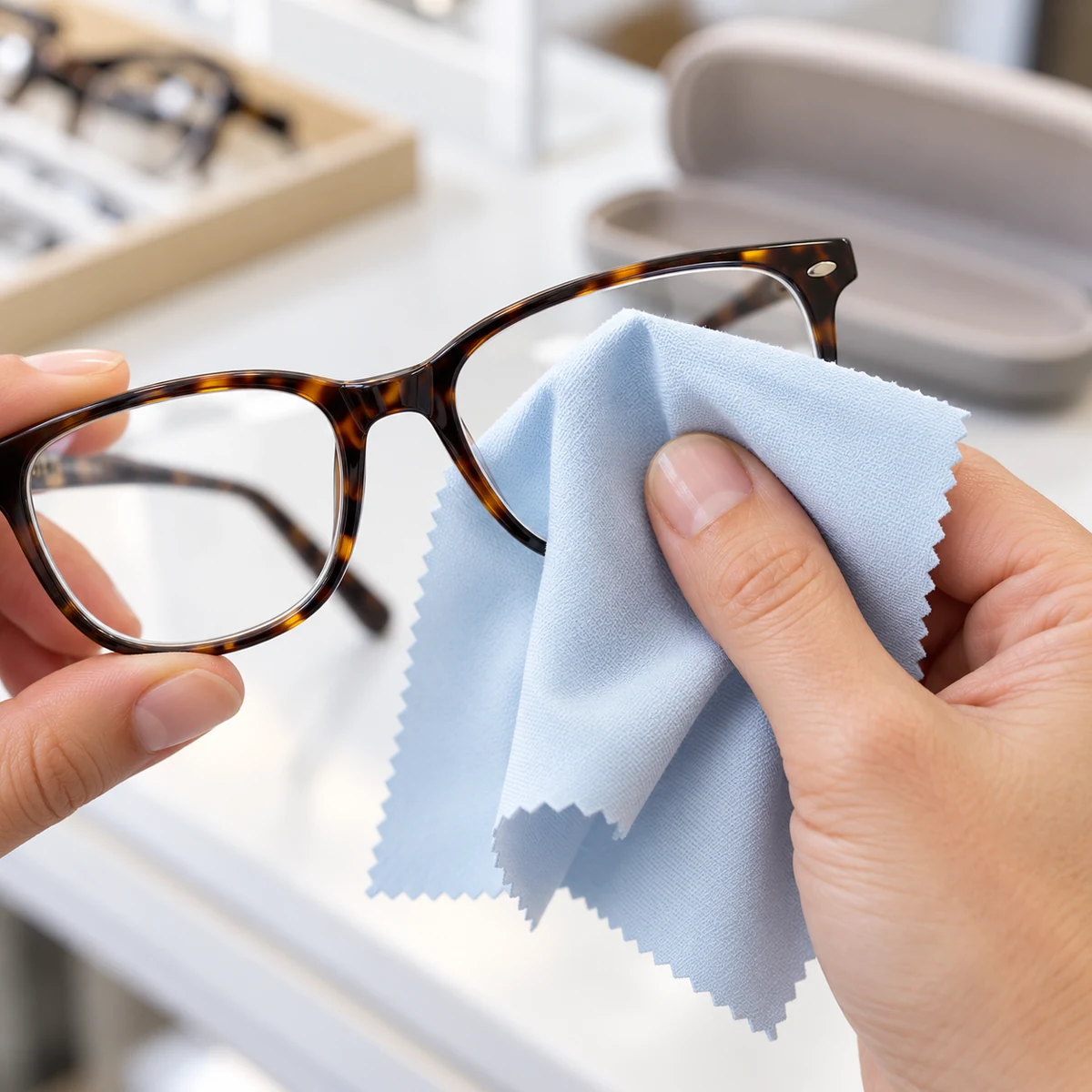 Hand using a pale blue 10 x 10 cm microfiber cleaning cloth on eyeglass lenses