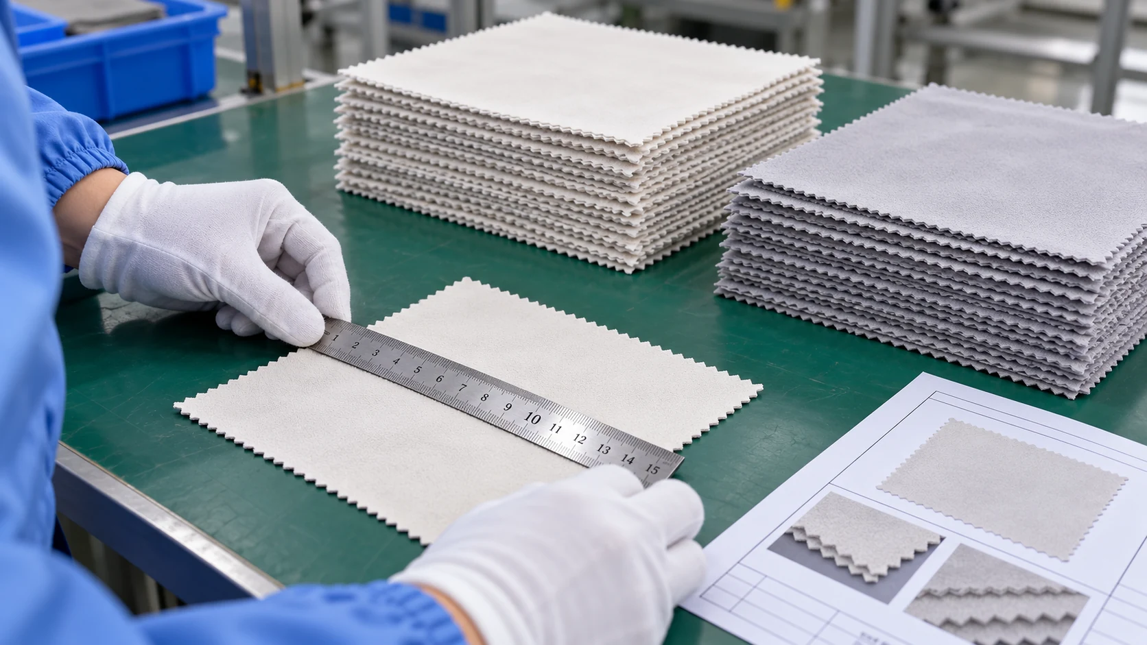 Illustration of a gloved inspector measuring an off-white microfiber polishing cloth and checking its zigzag edge