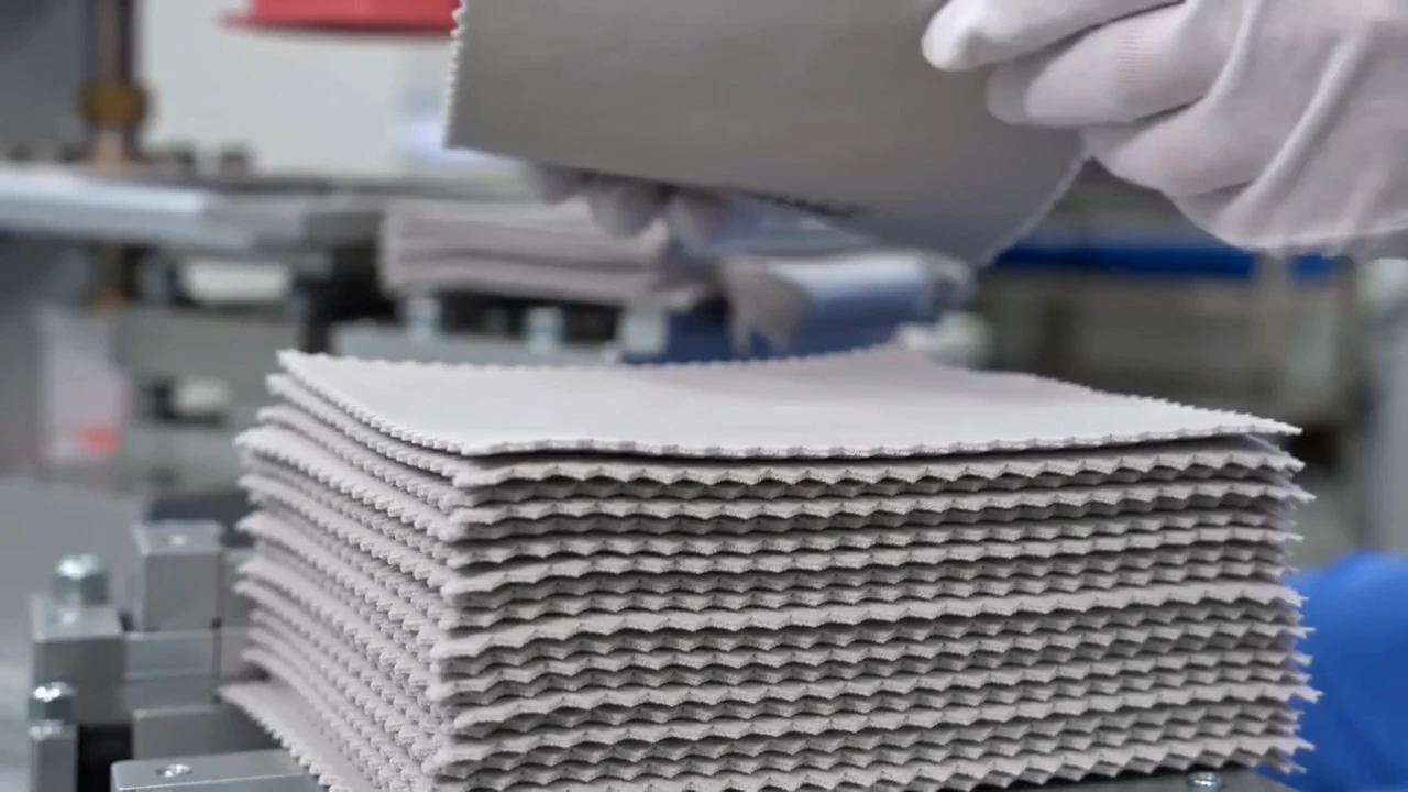 Stacks of gray and white zigzag edge polishing cloths inspected before packing