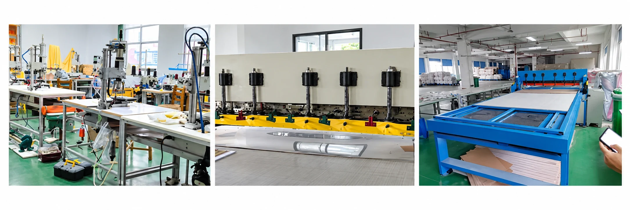 Production equipment used for custom polishing and microfiber lens cloth projects including workstations, processing heads and sheet cutting