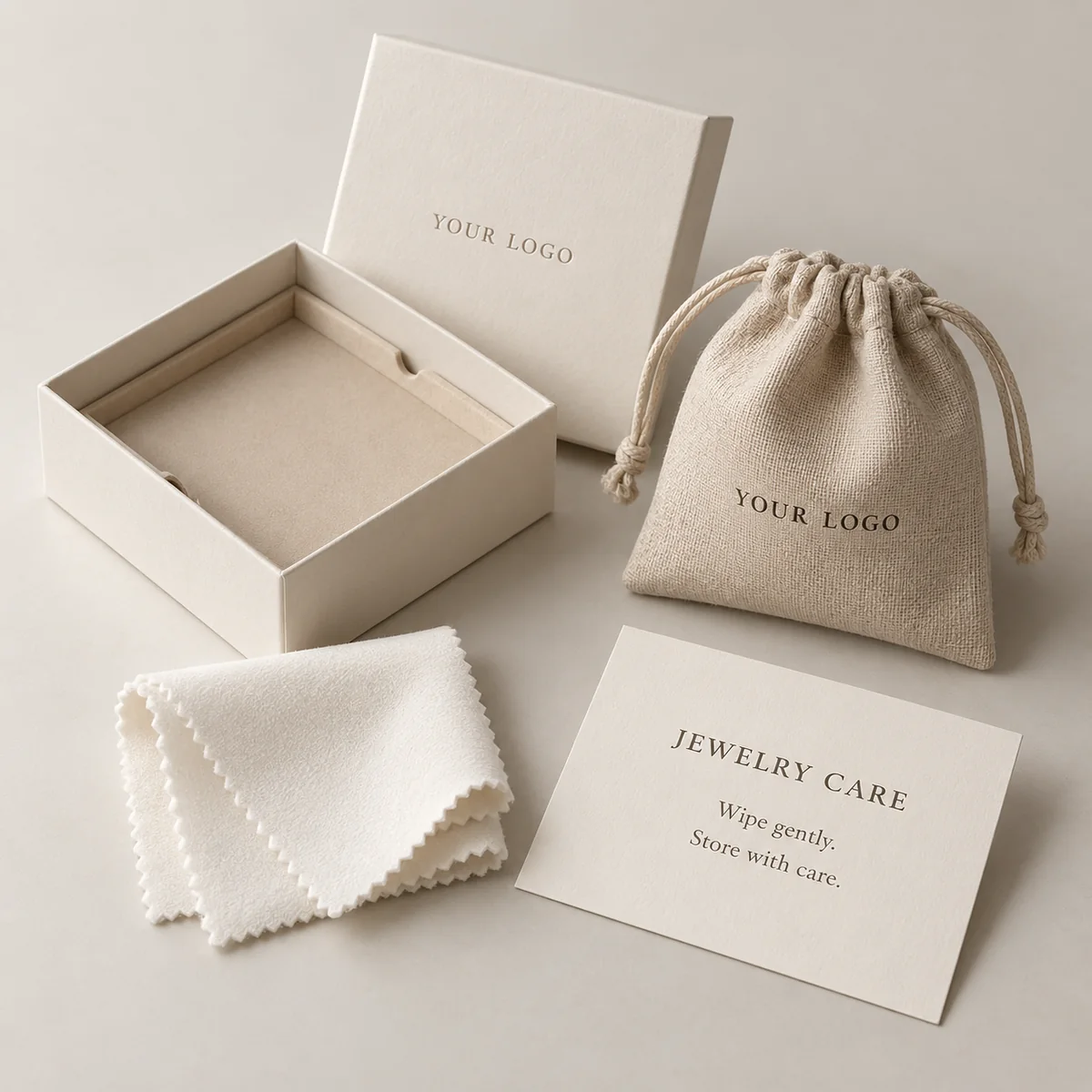 Ivory private-label jewelry care kit with paper box, cotton-look pouch, care card and polishing cloths