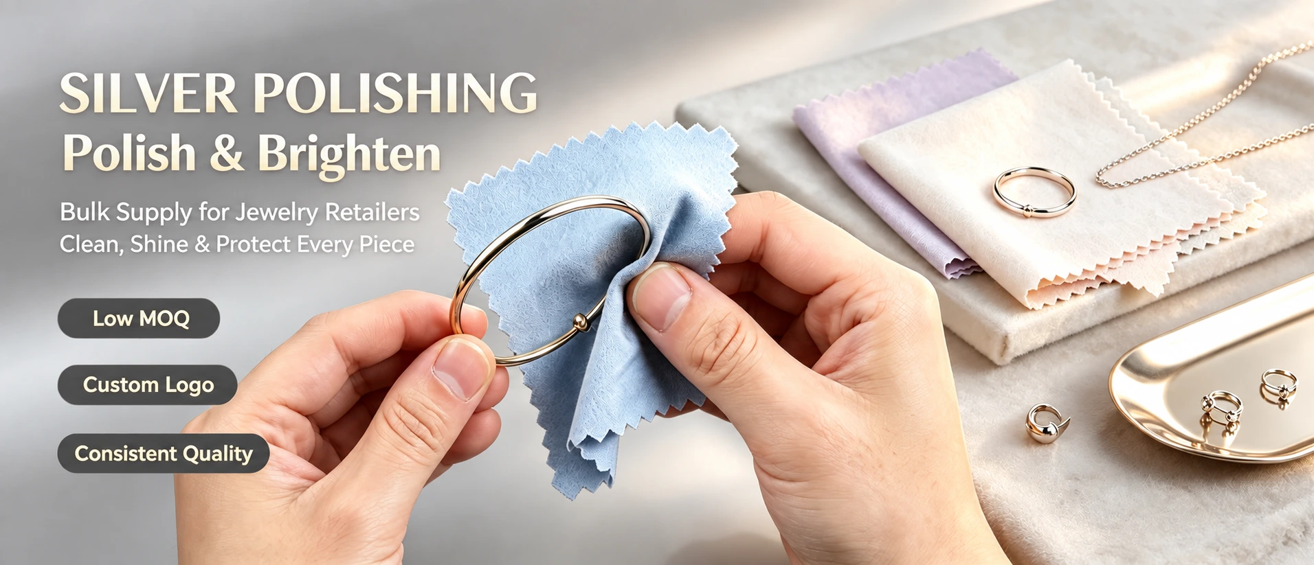 Blue silver polishing cloth used on a bracelet with assorted jewelry care cloths