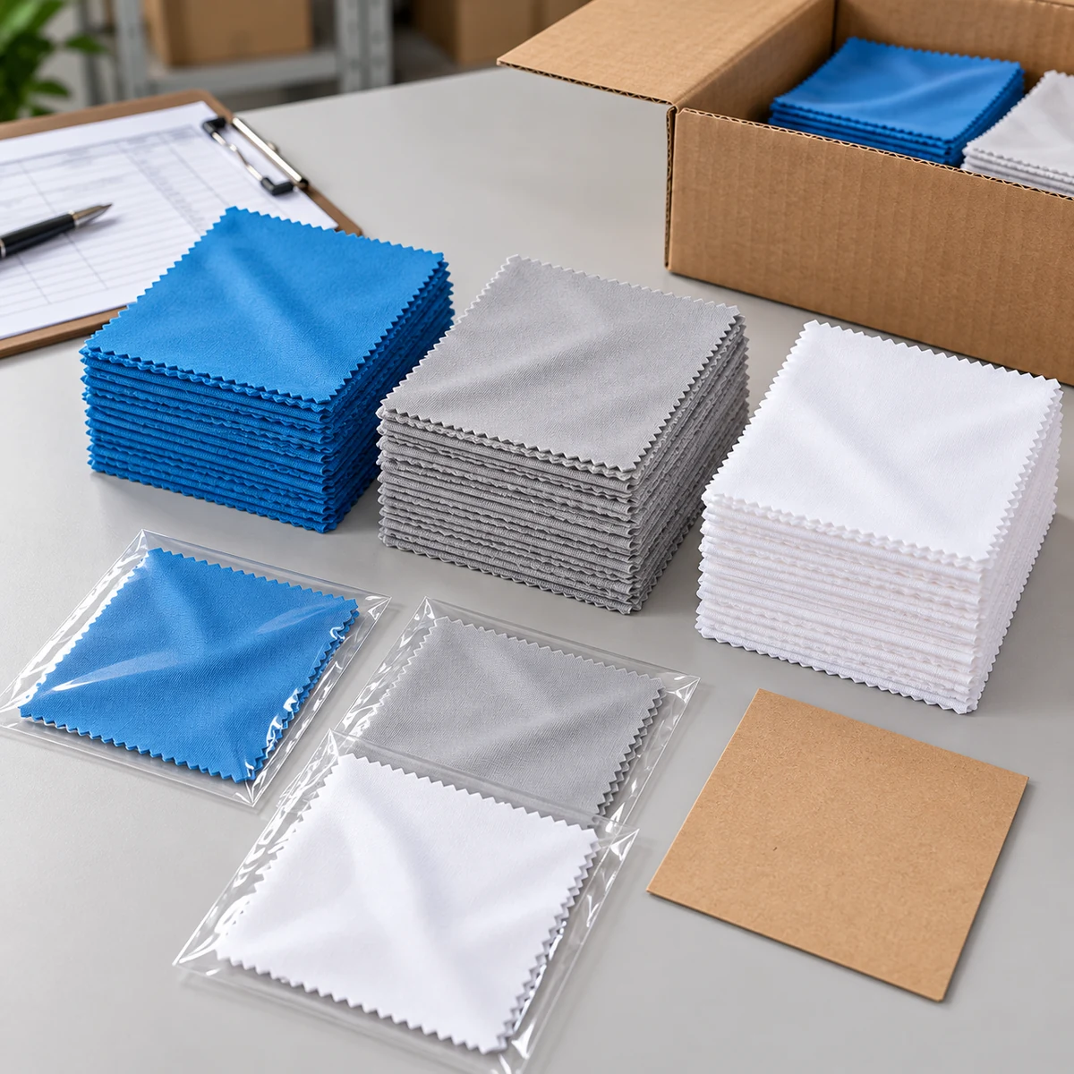 Wholesale stacks of 10 x 10 cm microfiber lens cloths with bulk and individual packaging options