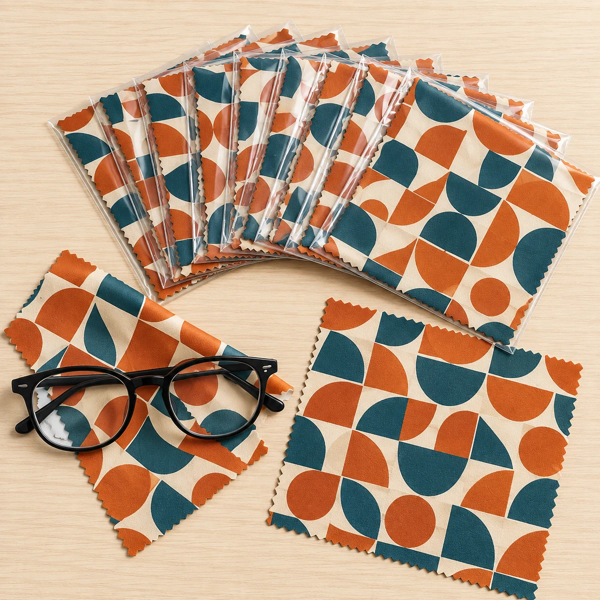 Wholesale full-print microfiber lens cloths in clear individual sleeves with black eyeglasses