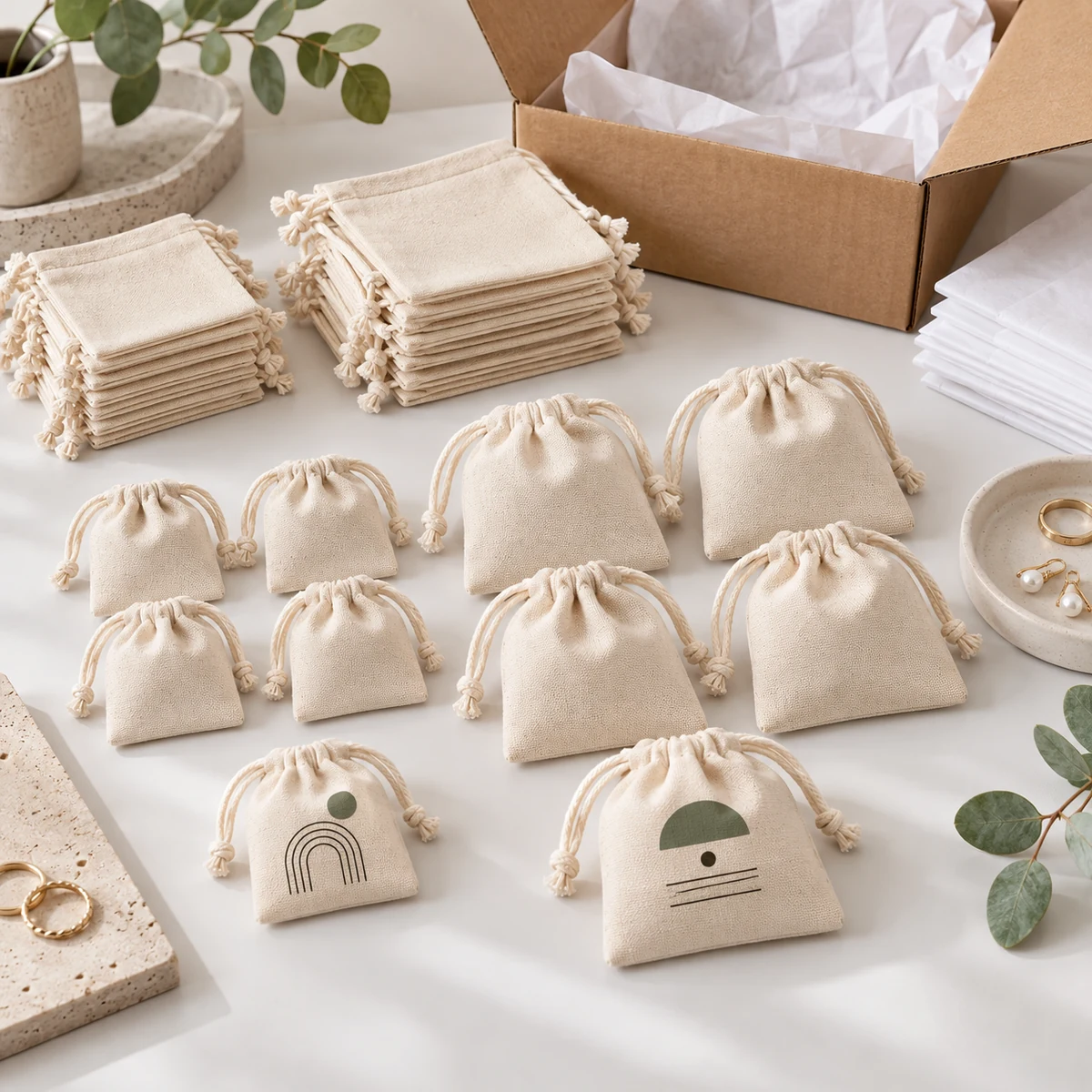 Wholesale unbleached cotton jewelry pouches arranged for stock and custom packaging orders